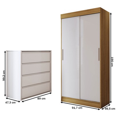 Guarda-Roupa Solteiro Sirius  2 Portas 2 Gavetas e Cômoda 4 Gavetas Marrocos/Off White/Branco - Panorama Móveis