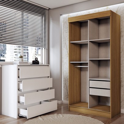 Guarda-Roupa Solteiro Sirius  2 Portas 2 Gavetas e Cômoda 4 Gavetas Marrocos/Off White/Branco - Panorama Móveis