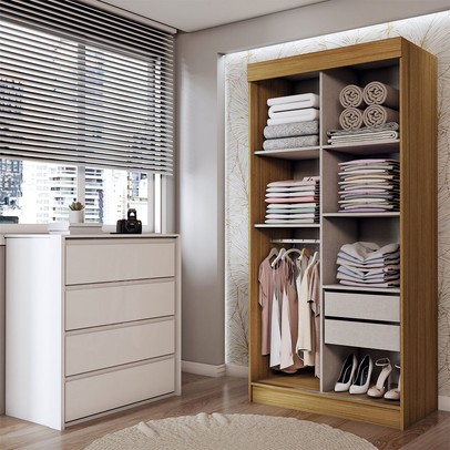 Guarda-Roupa Solteiro Sirius  2 Portas 2 Gavetas e Cômoda 4 Gavetas Marrocos/Off White/Branco - Panorama Móveis