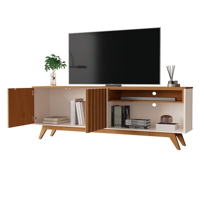 Rack para TV Até 65 Polegadas Buriti 2 Portas Ripado Off White/Freijó - Giga Móveis