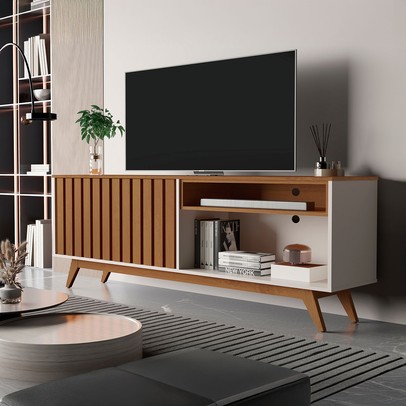 Rack para TV Até 65 Polegadas Buriti 2 Portas Ripado Off White/Freijó - Giga Móveis