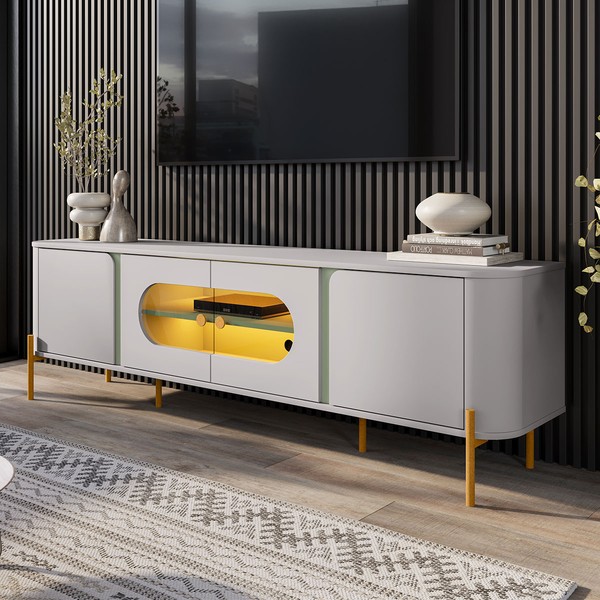 Rack para TV Até 75 Polegadas Juquehy 4 Portas com Vidro e Led Off White/Pistache - Móveis Bechara