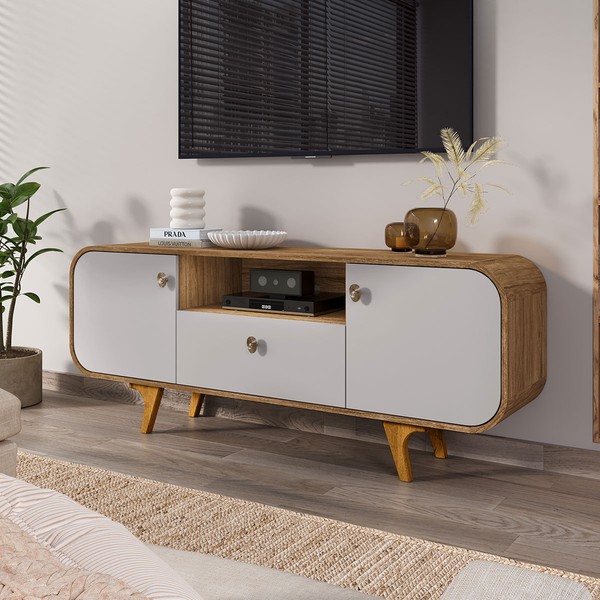 Rack para TV Até 55 Polegadas Noronha 2 Portas 1 Gaveta Cinamomo/Off White - Móveis Bechara