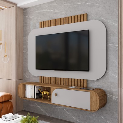 Painel para TV Até 55 Polegadas Jurerê 1 Porta Cinamomo/Off White - Móveis Bechara
