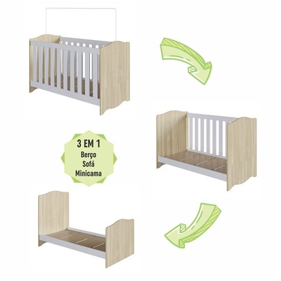 Berço Encanto 3 em 1 Carvalho Araguaia/Branco - Completa Móveis