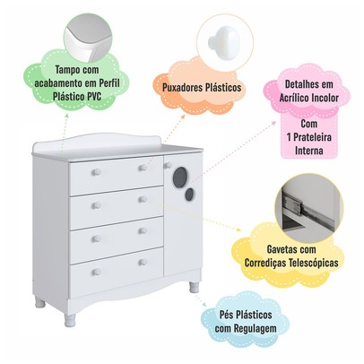 Cômoda Infantil Encanto 4 Gavetas e 1 Porta Branco - Completa Móveis
