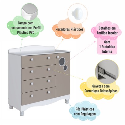 Cômoda Infantil Encanto 4 Gavetas e 1 Porta Cinnamon/Branco - Completa Móveis