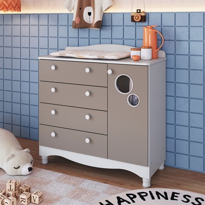 Cômoda Infantil Encanto 4 Gavetas e 1 Porta Cinnamon/Branco - Completa Móveis