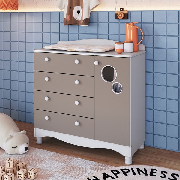 Cômoda Infantil Encanto 4 Gavetas e 1 Porta Cinnamon/Branco - Completa Móveis