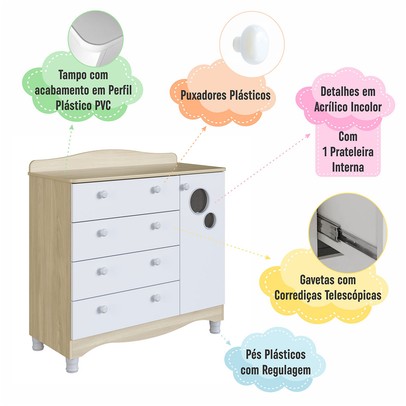 Cômoda Infantil Encanto 4 Gavetas e 1 Porta Carvalho Araguaia/Branco - Completa Móveis