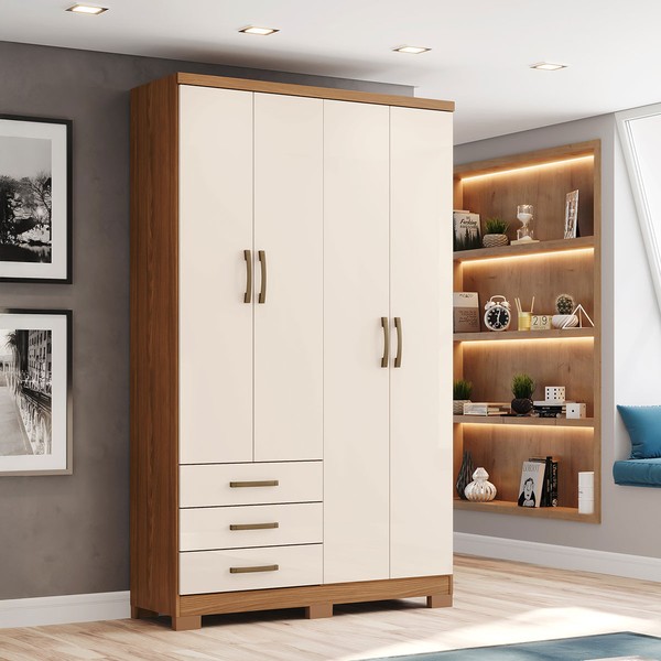 Guarda-Roupa Solteiro Caju 4 Portas 3 Gavetas Nature/Off White - Henn