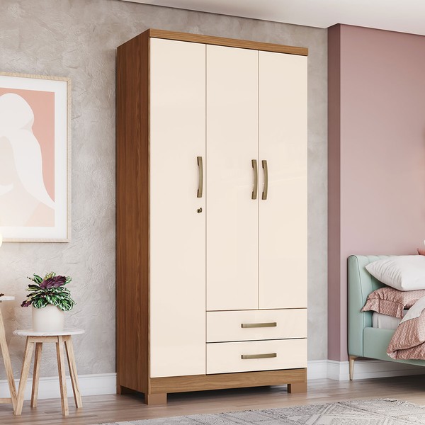 Guarda-Roupa Solteiro Açaí 3 Portas 2 Gavetas Nature/Off White - Henn