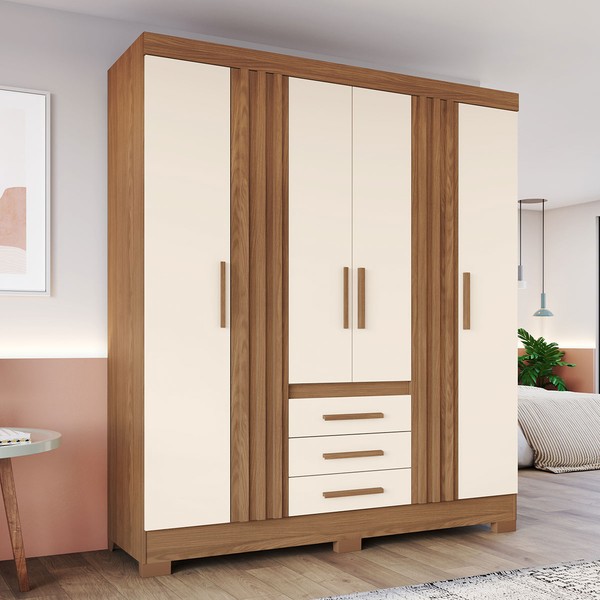 Guarda-Roupa Casal B375 4 Portas 3 Gavetas Ripado Nature/Off White - Briz