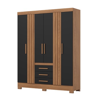 Guarda-Roupa Casal B375 4 Portas 3 Gavetas Ripado Nature/Preto Hp - Briz