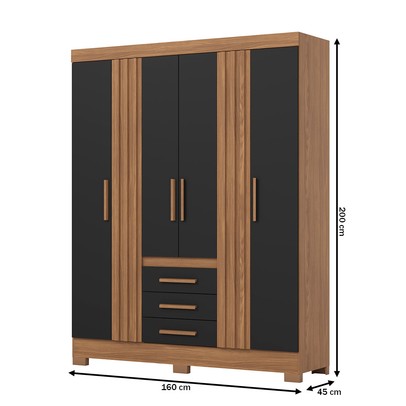 Guarda-Roupa Casal B375 4 Portas 3 Gavetas Ripado Nature/Preto Hp - Briz
