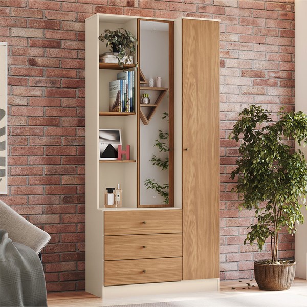 Guarda-Roupa Solteiro Doha 2 Porta 3 Gavetas com Espelho Off White/Nature - Henn