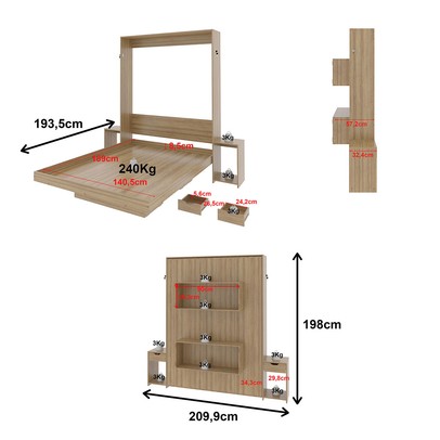 Cama de Casal Articulada 2 Mesas de Cabeceira 2 Gavetas Cm8041 Amêndoa - Tecno Mobili