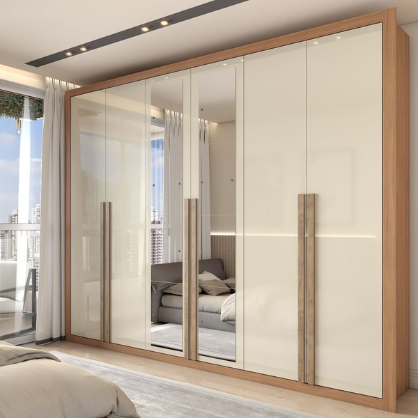 Guarda-Roupa Casal Severo 6 Portas 6 Gavetas com Espelho Cinamomo/Off White - Panorama Móveis