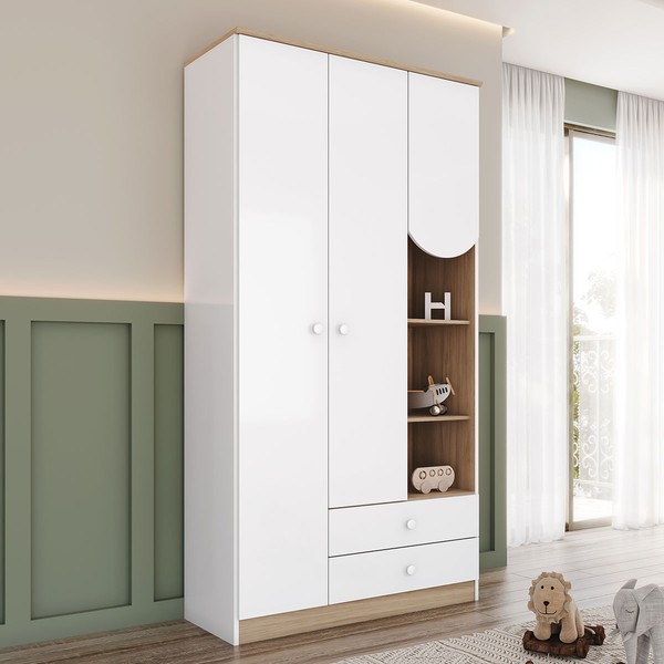 Guarda-Roupa Infantil Magia 3 Portas 2 Gavetas Branco/Jequitibá Hp - Henn