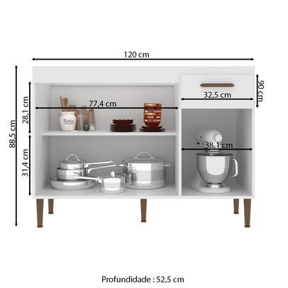 Balcão de Cozinha para Pia 120 Cm 3 Portas 1 Gaveta Branco - Decibal