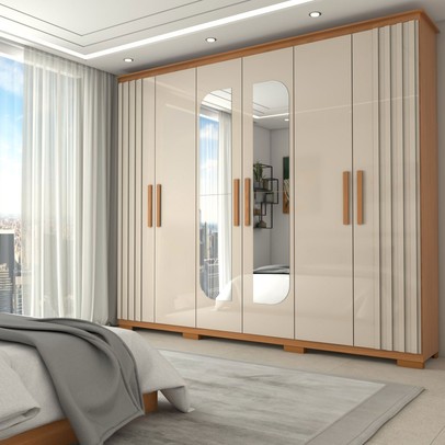 Guarda-Roupa Casal Hiara 6 Portas 4 Gavetas com Espelho Nature/Off White - Panorama Móveis