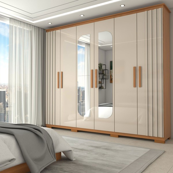 Guarda-Roupa Casal Hiara 6 Portas 4 Gavetas com Espelho Nature/Off White - Panorama Móveis