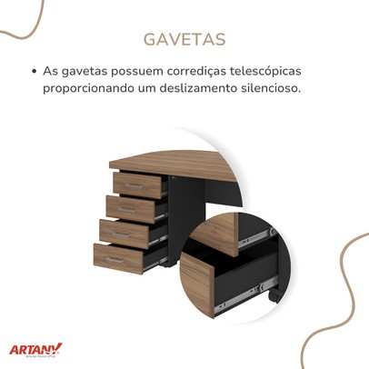 Mesa para Escritório Tamburato 4 Gavetas Nogal/Preto 6127 - Artany Móveis