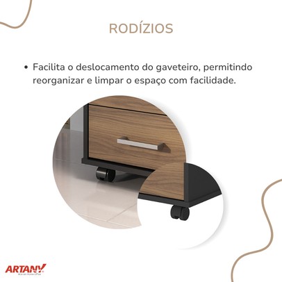 Gaveteiro Tamburato 3 Gavetas Nogal/Preto - Artany Móveis