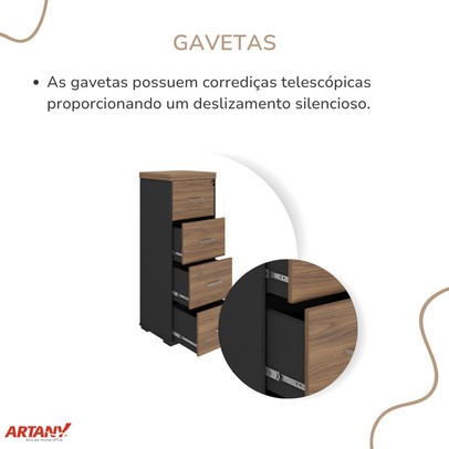 Gaveteiro Arquivo Tamburato 4 Gavetas Nogal/Preto - Artany Móveis