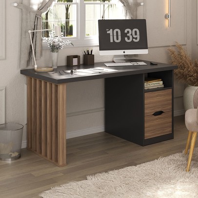 Mesa Escrivaninha Florence 2 Gavetas Nogal/Preto - Artany Móveis
