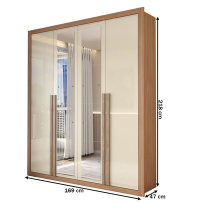 Guarda-Roupa Solteiro Severo 4 Portas 3 Gavetas com Espelho Cinamomo/Off White - Panorama Móveis