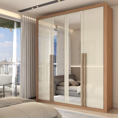 Guarda-Roupa Solteiro Severo 4 Portas 3 Gavetas com Espelho Cinamomo/Off White - Panorama Móveis