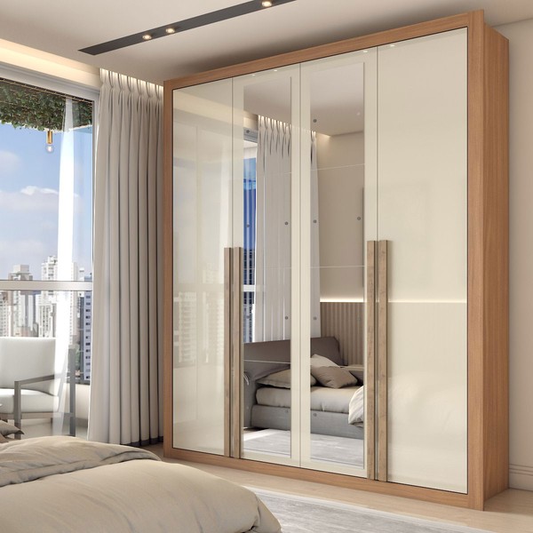 Guarda-Roupa Solteiro Severo 4 Portas 3 Gavetas com Espelho Cinamomo/Off White - Panorama Móveis