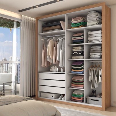 Guarda-Roupa Solteiro Severo 4 Portas 3 Gavetas com Espelho Cinamomo/Off White - Panorama Móveis