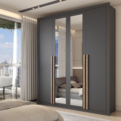 Guarda-Roupa Solteiro Severo 4 Portas 3 Gavetas com Espelho Preto - Panorama Móveis