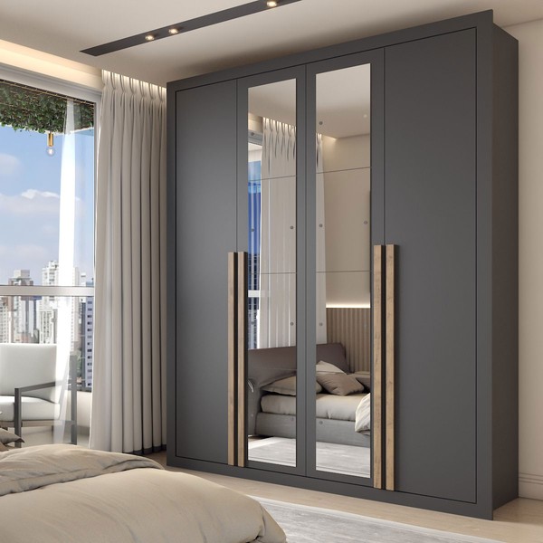 Guarda-Roupa Solteiro Severo 4 Portas 3 Gavetas com Espelho Preto - Panorama Móveis