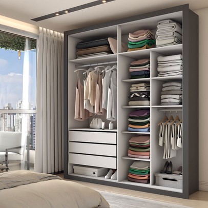 Guarda-Roupa Solteiro Severo 4 Portas 3 Gavetas com Espelho Preto - Panorama Móveis