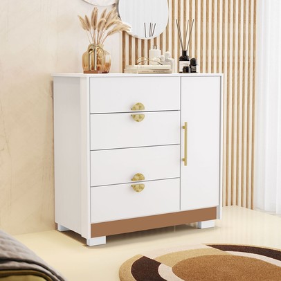 Cômoda Sapateira Santos 1 Porta 4 Gavetas Branco/Camarim - Pnr Móveis