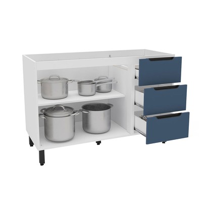Balcão de Cozinha para Pia Meena 2 Portas 3 Gavetas Branco/Azul - Politorno