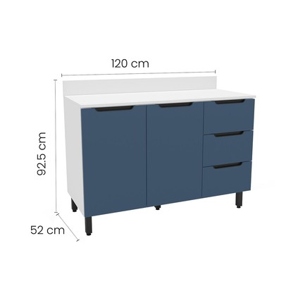 Balcão de Cozinha 120 Cm Meena 2 Portas 3 Gavetas Branco/Azul - Politorno