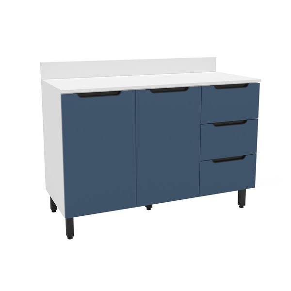 Balcão de Cozinha 120 Cm Meena 2 Portas 3 Gavetas Branco/Azul - Politorno