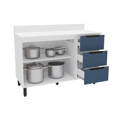 Balcão de Cozinha 120 Cm Meena 2 Portas 3 Gavetas Branco/Azul - Politorno