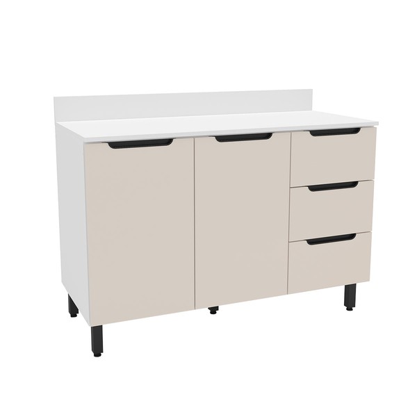 Balcão de Cozinha 120 Cm Meena 2 Portas 3 Gavetas Branco/Creme - Politorno