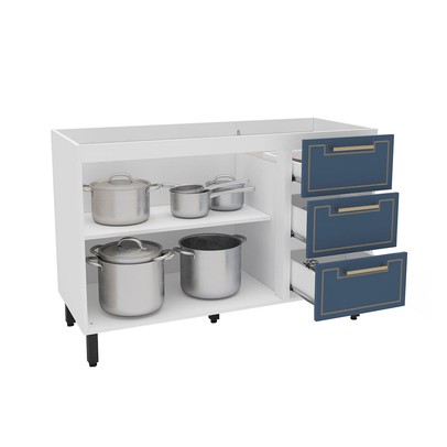 Balcão de Cozinha para Pia Amara 2 Portas 3 Gavetas Branco/Azul - Politorno