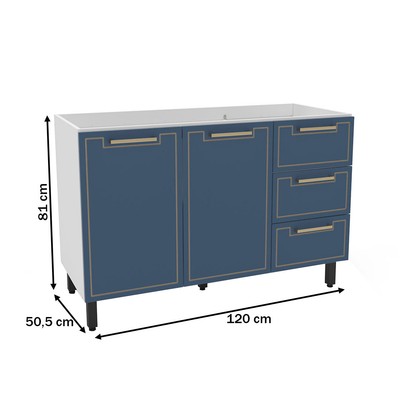 Balcão de Cozinha para Pia Amara 2 Portas 3 Gavetas Branco/Azul - Politorno