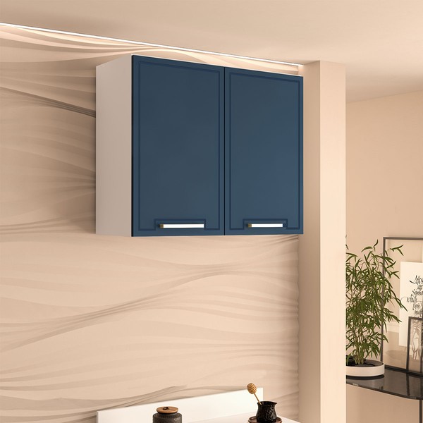 Armário Aéreo Cozinha 80 Cm Amara 2 Portas Branco/Azul - Politorno