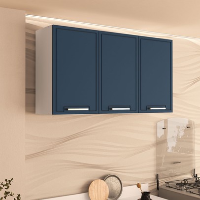 Armário Aéreo Cozinha 120 Cm Amara 3 Portas Branco/Azul - Politorno