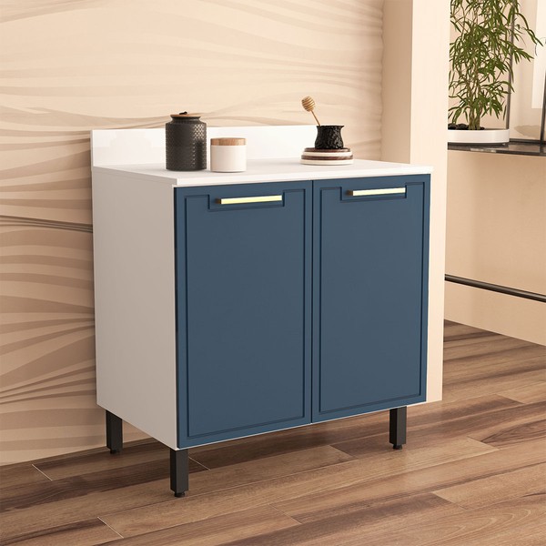 Balcão de Cozinha 80 Cm Amara 2 Portas Branco/Azul - Politorno