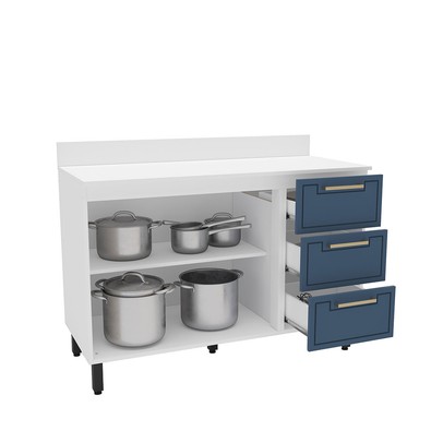 Balcão de Cozinha Amara 120 Cm 2 Portas 3 Gavetas Branco/Azul - Politorno