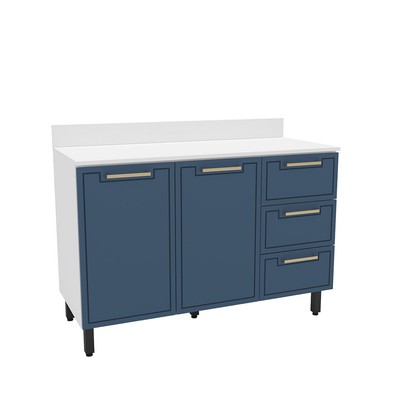 Balcão de Cozinha Amara 120 Cm 2 Portas 3 Gavetas Branco/Azul - Politorno